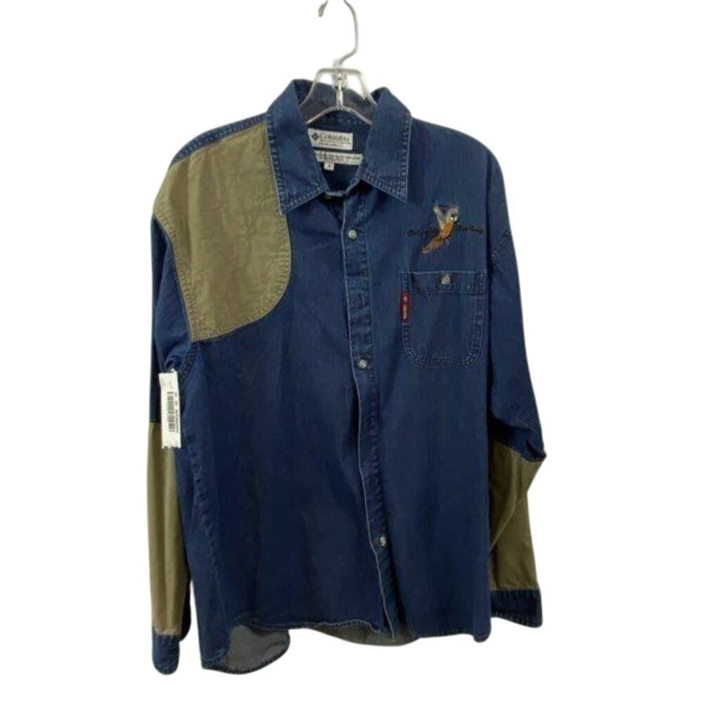 Vintage Columbia Denim Hunting Shirt M Khaki Patch Fieldwear
